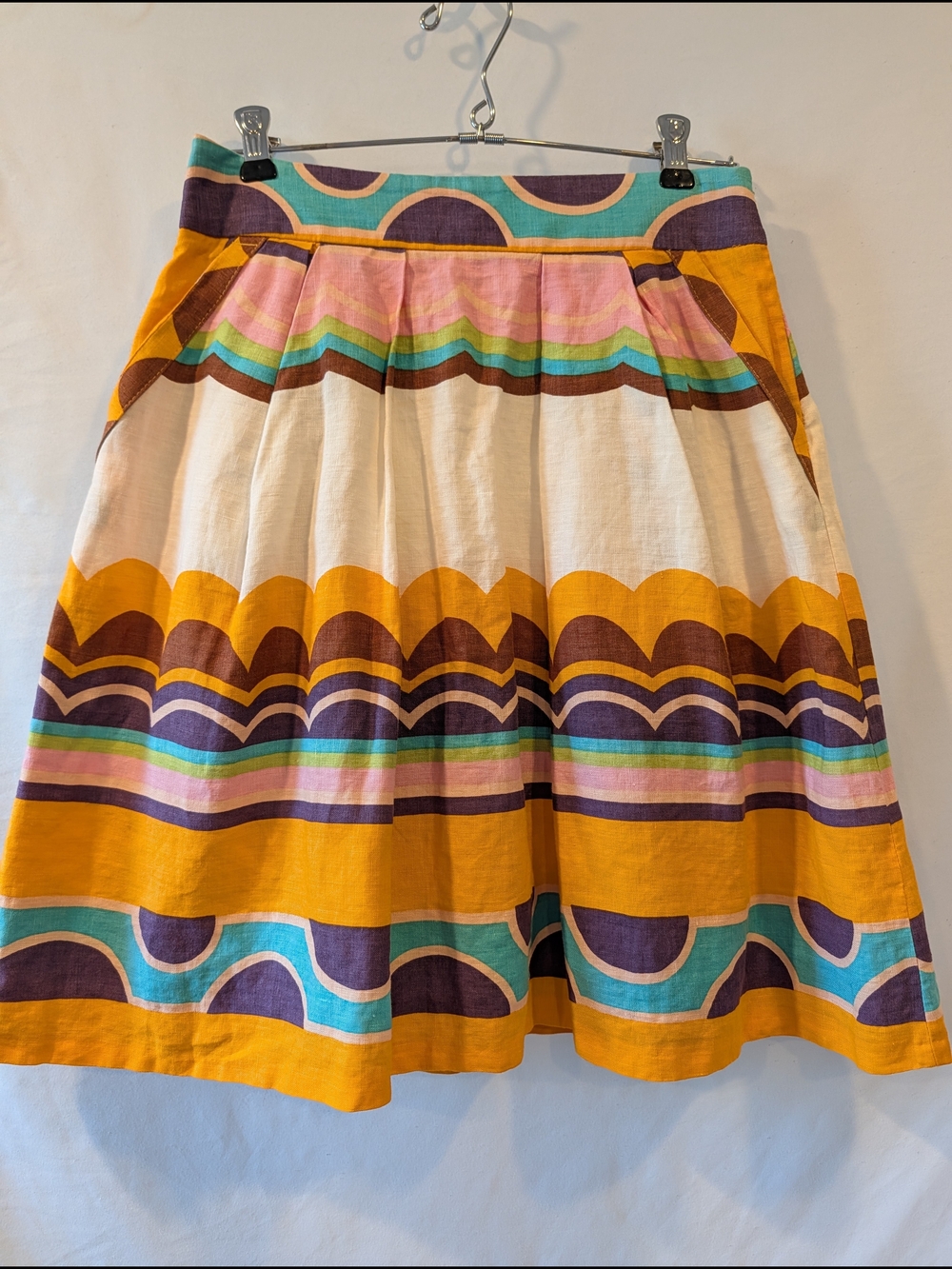 Zara A-Line Linen Skirt in Mustard, Pink, Teal, Purple, Cream pockets lined knee
